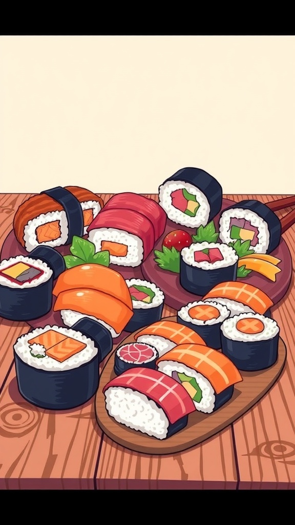 Easy Sushi Drawing Tutorial for Beginners An artistic display of various sushi types drawn with vivid colors on a wooden table.